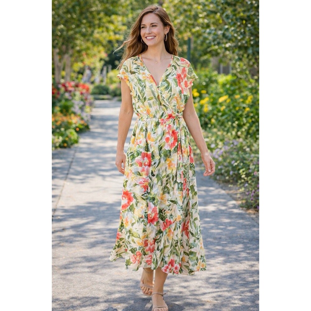 BOG Collective Dress Maxi Large Pockets Floral Faux Wrap Tie Neck Cottage Core